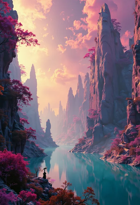 Expansive sci-fi landscape in the style of Frank Frazetta, featuring the tranquil Lake of Serenity. A sweeping panoramic view rendered as a digital artwork, blending classic gothic and baroque fantasy elements. Vibrant colors and illustrative techniques create a painterly effect reminiscent of a highly detailed matte painting. The scene is bathed in atmospheric haze and dramatic lighting, evoking the mood of a vintage oil painting with a contemporary digital twist.