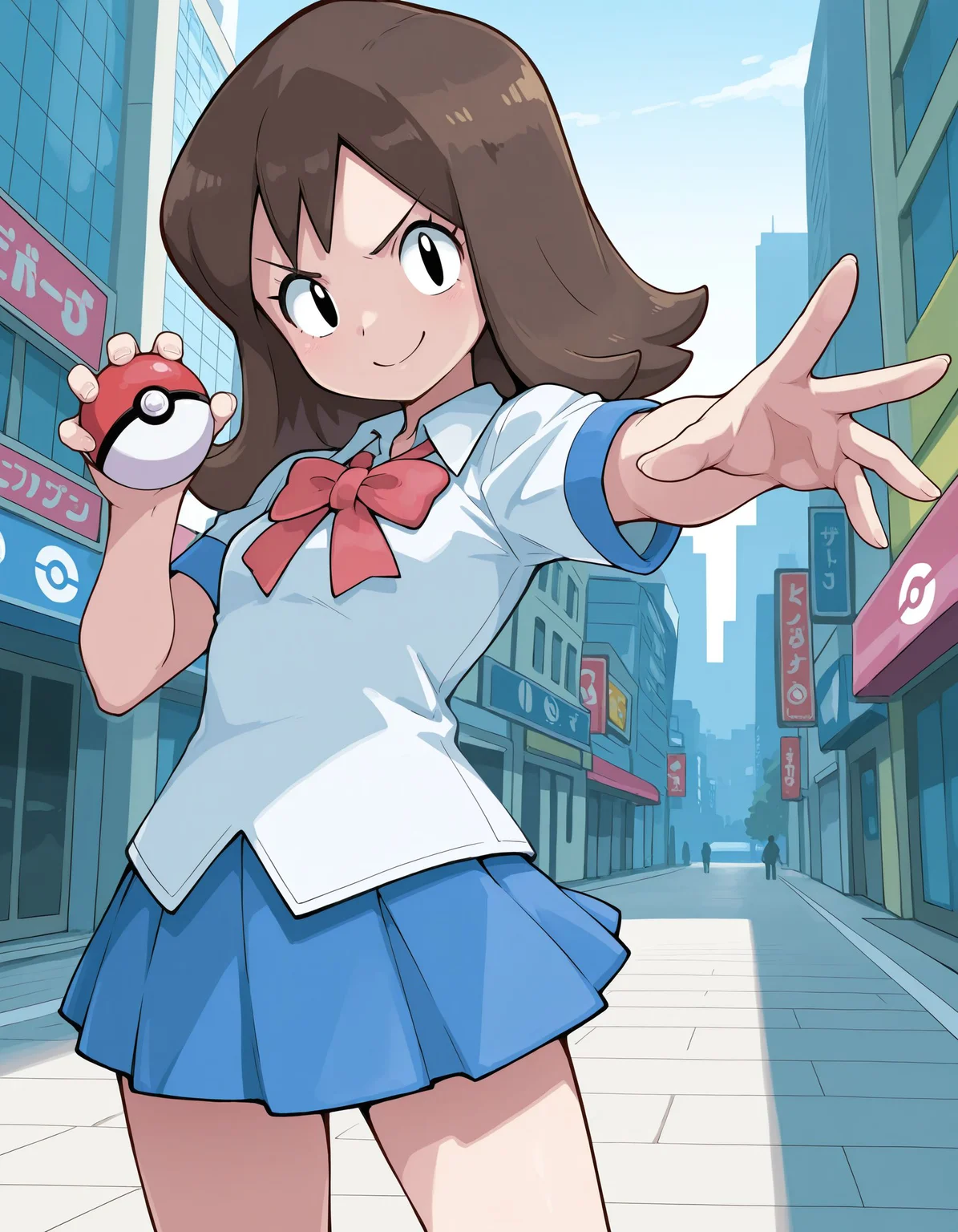 1girl,<lora:lass pokemonRGBY_illustriousXL:0.8>,lass rgby,brown hair,black eyes,bowtie,white shirt,blue skirt,cowboy shot,smile,v-shaped eyebrows,standing,holding poke ball,reaching,city,looking at viewer,masterpiece,best quality,amazing quality,