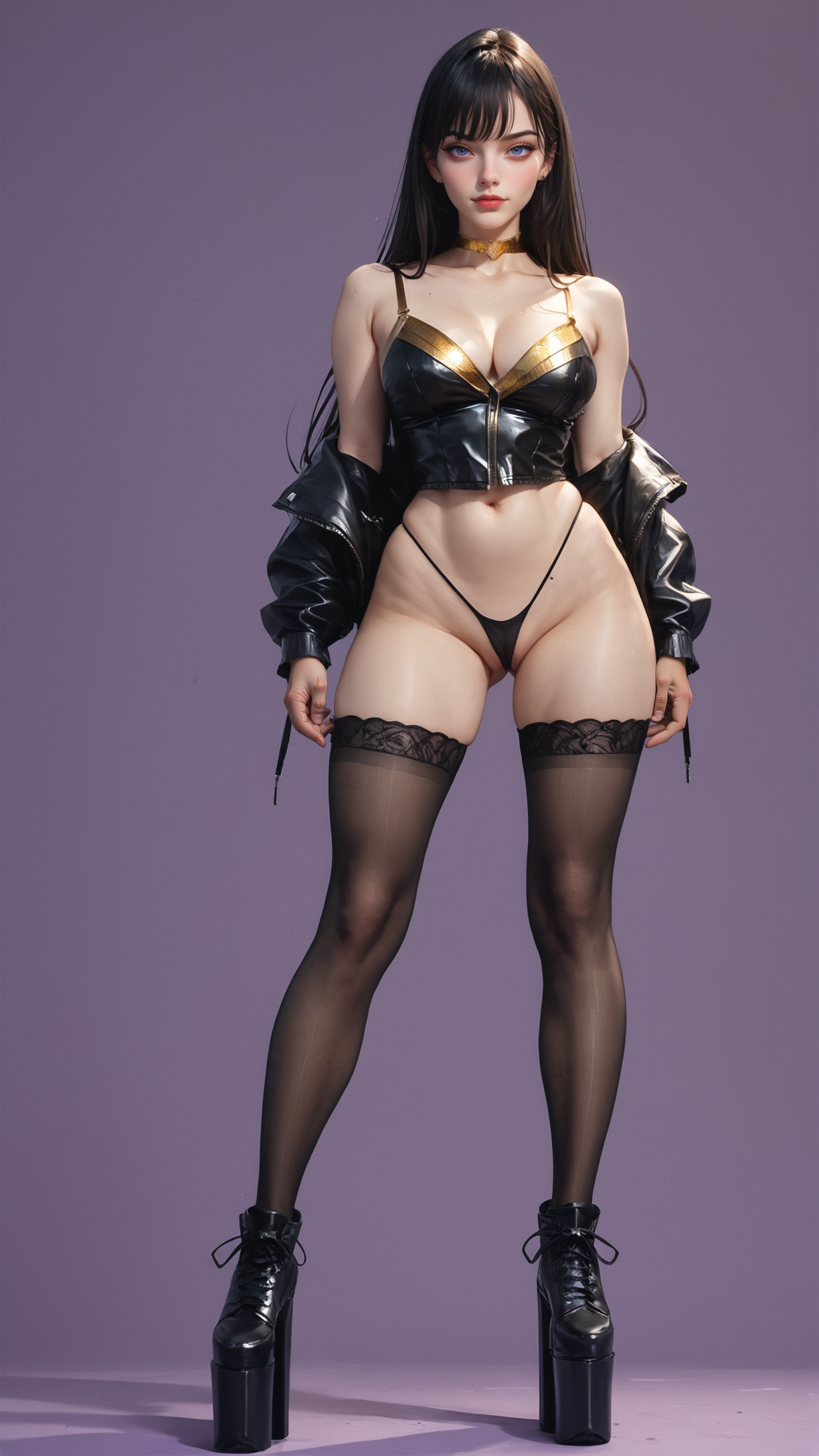 score_9, score_8_up, score_7_up, BREAK, 1 woman, purple background, simple background, wearing reij-permissive, black corsage, golden choker, black highwaist thong, black platform shoes, black stockings, black off shoulder leatherjacket  <lora:reij-permissive:1>