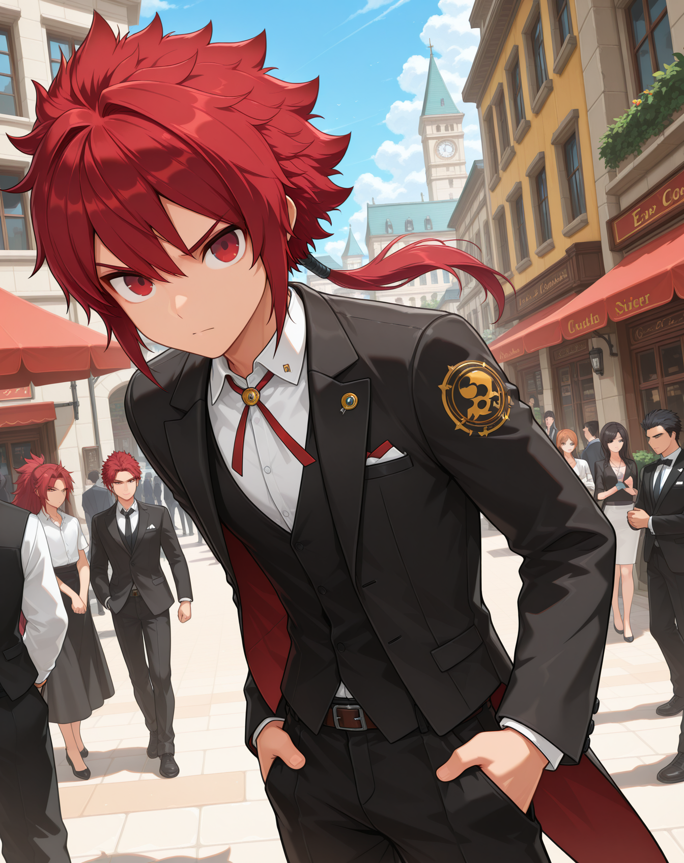 masterpiece,best quality,amazing quality, newest, very aesthetic, absurdres,
1boy, solo, yaoi, male focus, looking at viewer, cowboy shot, standing,
 <lora:Elsword_Rune_Slayer_ilxl:1> elswordrs, red hair, red eyes, arm tattoo, spiked hair, ponytail, long hair,
formal, tuxedo, neck ribbon, white shirt, collared shirt, black pants, shoes, black footwear, suit jacket, black jacket,
outdoors, day, blue sky, building, people,
