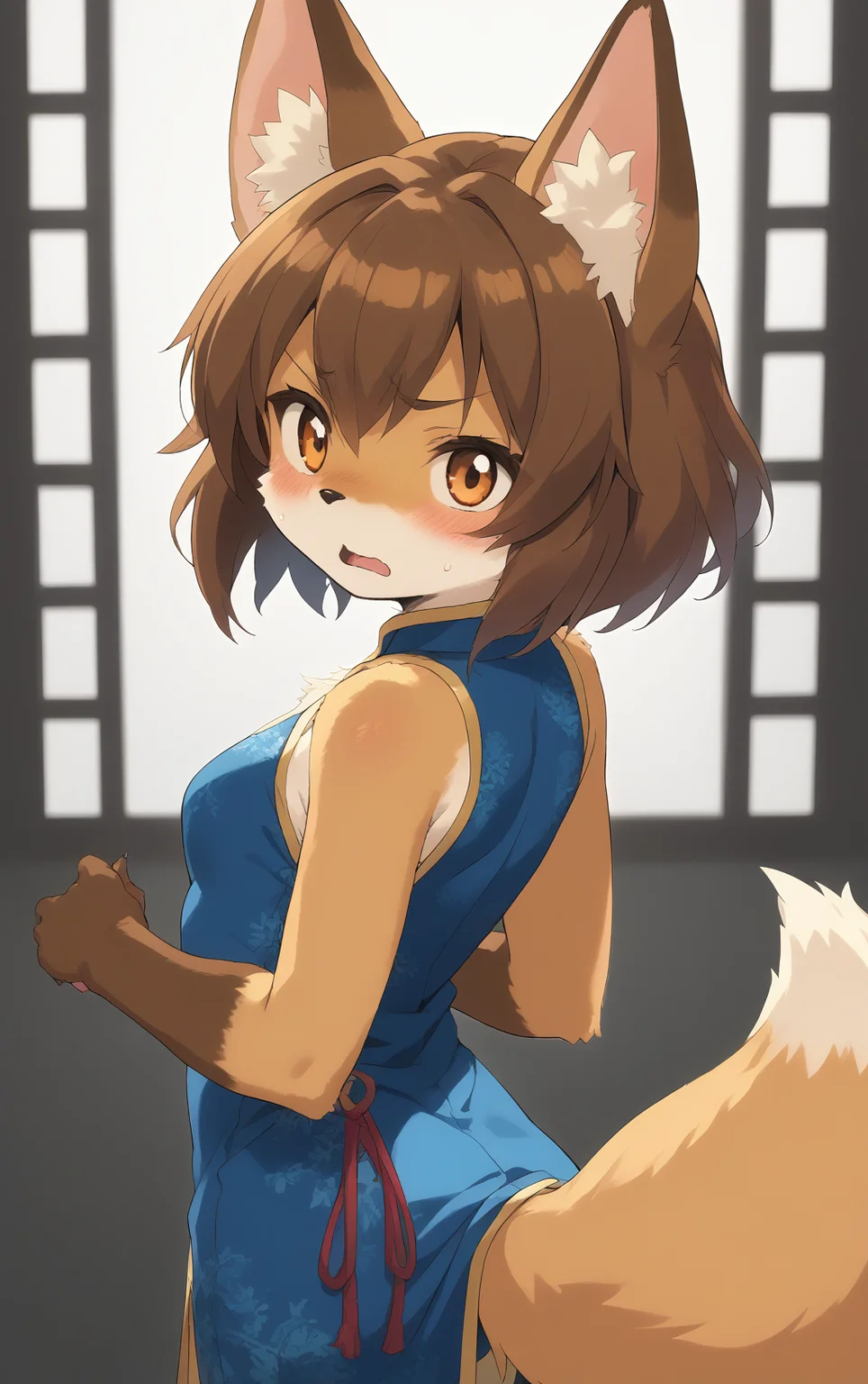 score_9, score_8_up, score_7_up,score_6_up,score_5_up, source_furry, 1girl, solo, cub, anime screencap, animal ears, furry, brown hair, tail, blush, furry female, open mouth, looking at viewer, fox ears, embarrassed, (tsundere:0.5), jitome, brown eyes, breasts, brown fur, animal ear fluff, fox tail, short hair, animal nose, sweatdrop, small breasts, bangs, body fur, white fur, fox girl, china dress, back, upper body, white background, <lora:TsundereFox_pony_v1:1>, tfg, <lora:p:0.35> <lora:Anime_Screencap:1>