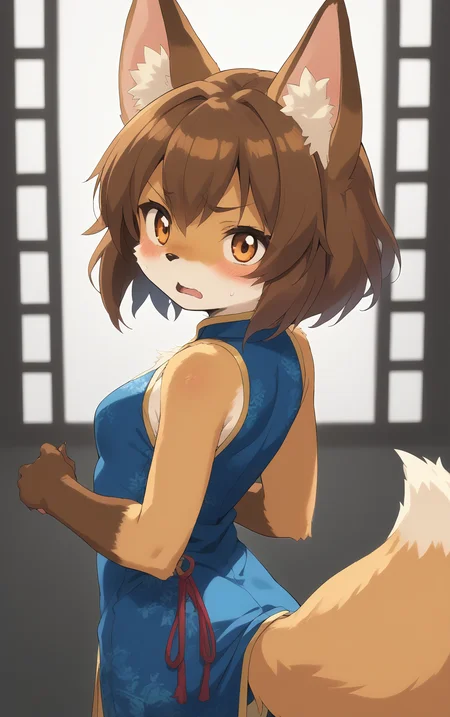 score_9, score_8_up, score_7_up,score_6_up,score_5_up, source_furry, 1girl, solo, cub, anime screencap, animal ears, furry, brown hair, tail, blush, furry female, open mouth, looking at viewer, fox ears, embarrassed, (tsundere:0.5), jitome, brown eyes, breasts, brown fur, animal ear fluff, fox tail, short hair, animal nose, sweatdrop, small breasts, bangs, body fur, white fur, fox girl, china dress, back, upper body, white background, <lora:TsundereFox_pony_v1:1>, tfg, <lora:p:0.35> <lora:Anime_Screencap:1>