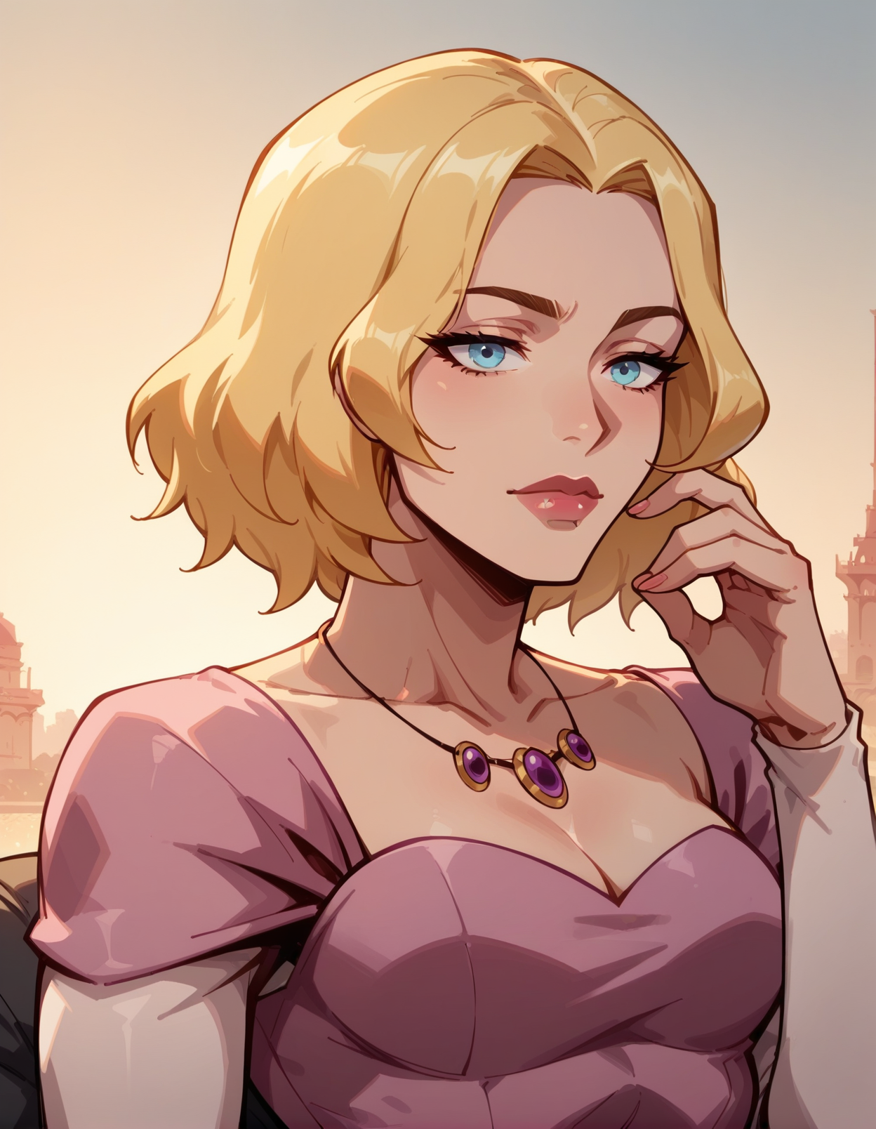1girl, portrait, blue eyes, sunset, hand up, necklace, blonde, beautiful, pink dress, cleavage, waist up image, white long sleeves<lora:The_Polly_mix_Style_-_by_IkariRH:0.3> pollystylemix <lora:ILANA_ROSCOVIC:0.8> ilana, score_9, score_8_up, score_7_up, score_6_up, 2d, digital art, masterpiece <lora:Expressive_H:0.4> expressiveh <lora:princess_xl_v2:0.3> <lora:g0th1c2XLP:0.3> g0th1c