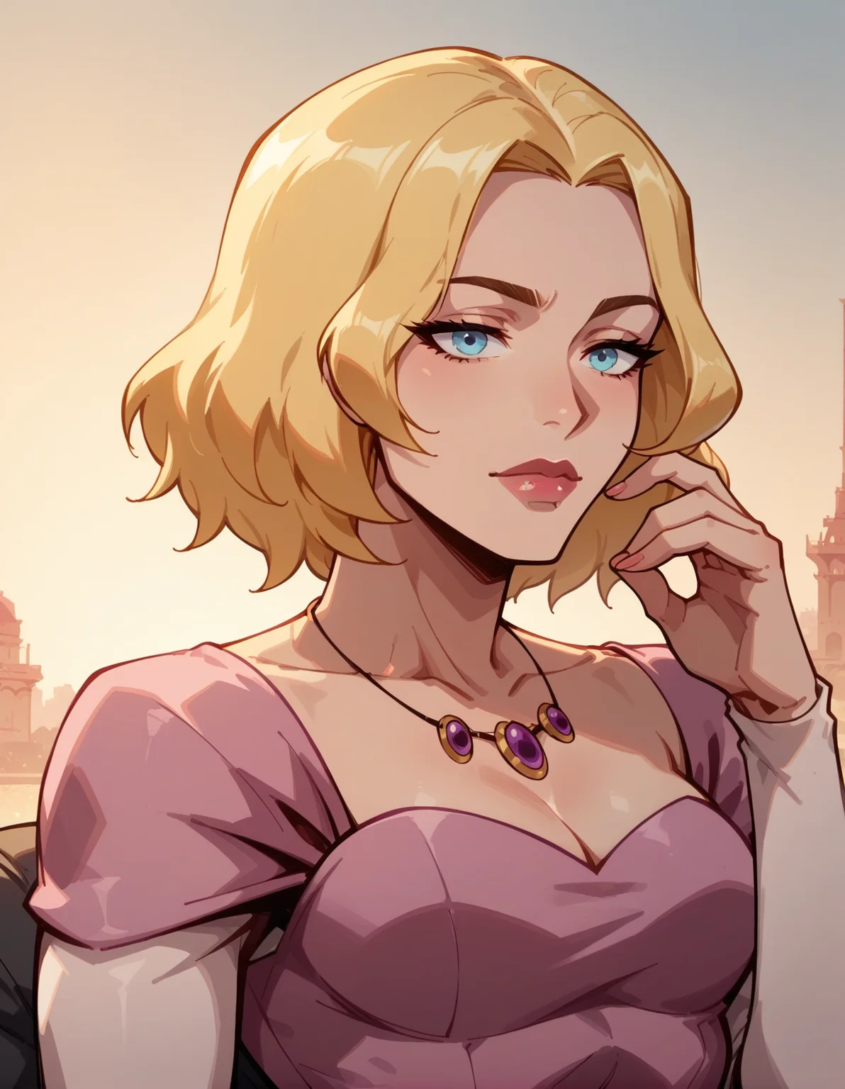 1girl, portrait, blue eyes, sunset, hand up, necklace, blonde, beautiful, pink dress, cleavage, waist up image, white long sleeves<lora:The_Polly_mix_Style_-_by_IkariRH:0.3> pollystylemix <lora:ILANA_ROSCOVIC:0.8> ilana, score_9, score_8_up, score_7_up, score_6_up, 2d, digital art, masterpiece <lora:Expressive_H:0.4> expressiveh <lora:princess_xl_v2:0.3> <lora:g0th1c2XLP:0.3> g0th1c