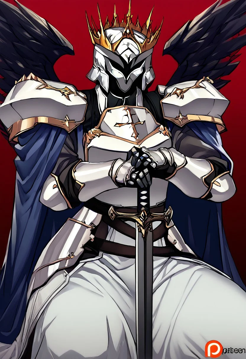 score_9, score_8_up, score_7_up, source_anime, BREAK, easynegative, FastNegativeV2, EasyNegativeV2, almualim, 1male, solo, young, anime, mature, young, adult, BODY, SLIM WAIST, SOLO, legs, body mature, and adult, legs
1boy,
Blue cape, seating on the throne, Mask fix, helmet fix, no mutant, perfect,
arm0rs3nt1n3l
Faceless, face covered, back stands and seat on the throne, both-hand-hilt, planted sword, hands on hilt, holding sword, Black sword, long sword,
Black Knight, helmet, gauntlets, black plate armor, sword, black two wings of eagle on ears, golden crown on helmet, shoulder armor, Black battle uniform, cross, black shouders amor, black waist plate armor, black long skirt, black flat breastplate armor, thighthight, legs, skirt battle armor, waist armor, plate armor, Blue battle uniform cloths, dragon scales armor, dragon head helmet forehead