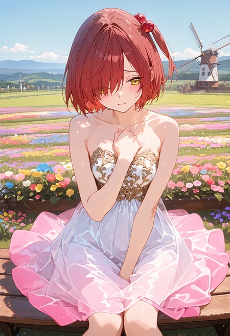 perfect quality,high quality,masterpiece,absolutely eye-catching,ambient occlusion,raytracing,
front view,full_shot,vanishing point,
1girl,yellow eyes,short hair,red hair,brown hair,side ponytail,one side up,hair over one eye,hair bobbles,komarichika cyql,
furrowed brow,sitting,hand on own chest,
Whimsical,Elegant mermaid gown with a strapless sweetheart neckline and lace appliqués,pink white gradient clothes,
beautiful face,beautiful eyes,perfect body,sexy,
Serene sky,at Daybreak,(in Flower garden, colorful flower garden,landscape of flowers:1.5),( blue sky, cumulonimbus),(windmill:1.3),(wooden bench:1.2),(many flowers are blooming:1.3),intricate cinematic background,detailed background,
laser light clothes,qxys,748cmstyle,<lora:spo_sdxl_10ep_4k-data_lora_webui:0.7>,<lora:illustrious_all_rated_v1:0.7>,<lora:laser_light_clothes_v0.5-pony:0.4>,<lora:748cmSDXL:0.9>,<lora:Komari Chika_Illustrious by Cyql:0.9>,