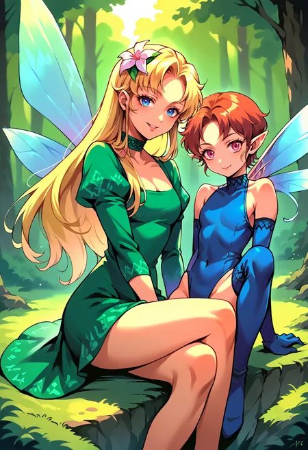 score_9, score_8_up, score_7_up, source_anime, 2girl, looking at viewer, forest, BREAK <lora:Titania-pdxl_Fp:1>, titaniasmt, blue eyes, blonde hair, long hair, hair flower, fairy wings, green dress, choker, smile, sitting, BREAK <lora:PixieSMT-pdxl:1>, pixieSMT, short hair, pointy ears, blue leotard, blue elbow gloves, blue thigh boots, fairy wings, smile, red hair, tiny, bare shoulders,