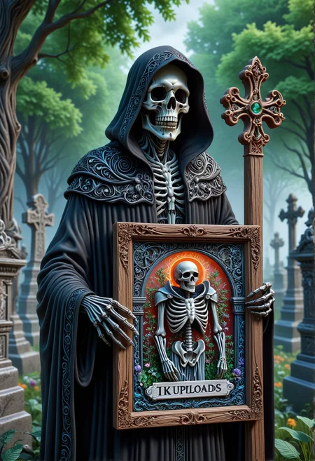 A grim reaper spirit holding a lacquered wooden sign that reads "1k uploads" Intricate details of a serene cemetery,
behance, subpixel reticulation, chroma-key, grandiose, hypermaximalism.
<lora:helios2:0.321> <lora:detailed_notrigger:0.876> <lora:DetailedEyes_V3:0.765> <lora:luxart:0.654>