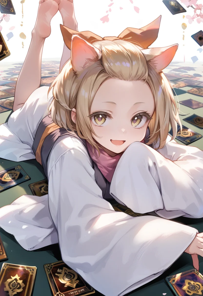 (score_9:0.9),score_8_up,score_7_up,rating_safe,anime style,(zPDXL),(zPDXL3),<lora:Ash Blossom & Joyous Spring ponyXL v1:0.71>, ash blossom & joyous spring, 1girl, sleeves past wrists, barefoot, solo, looking at viewer, card, open mouth, on stomach, lying, soles, red hair ribbon, smile, :3, white kimono