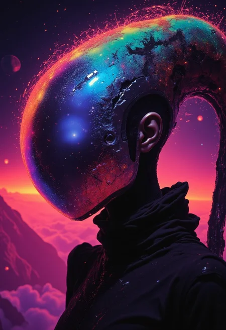 A Vintage Sci-fi head photo featuring a surreal, abstract Busty woman set against a vibrant, cosmic background. The woman is a sleek, featureless humanoid with a metallic, reflective head that resembles a helmet or mask. The head is a polished, iridescent surface that reflects and refracts light, showing a mesmerizing mix of colors including deep blues, purples, and hints of gold, suggesting a blend of nebulae and cosmic phenomena. The body is clad in a dark, sleek suit, which appears to be made of a material that matches the reflective quality of the head.