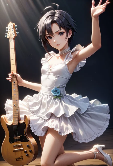 score_9,score_8_up,score_7_up,score_6_up,source_anime, <lora:Worldly_XL:1> assembly line, old factory, (rock concert, microphone stand: 1.3), ((((playing guitar:2)))), live concert,
1girl, solo, full figure, standing, dynamic pose, singing, dancing, <lora:KikuchiMakoto_pony_v1:0.9> kikuchi makoto, kkcmkt, short hair, black hair, antenna hair, hair between eyes, black eyes, flat chest, small breasts, (long legs:1.2), white dress, white shoes, delicate strappy heels,
hands, <lora:detailed_hands:1.05>
<lora:HandFineTuning_XL:0.55>
<lora:loraeyesxl:0.65>
zPDXL, zPDXL-neg