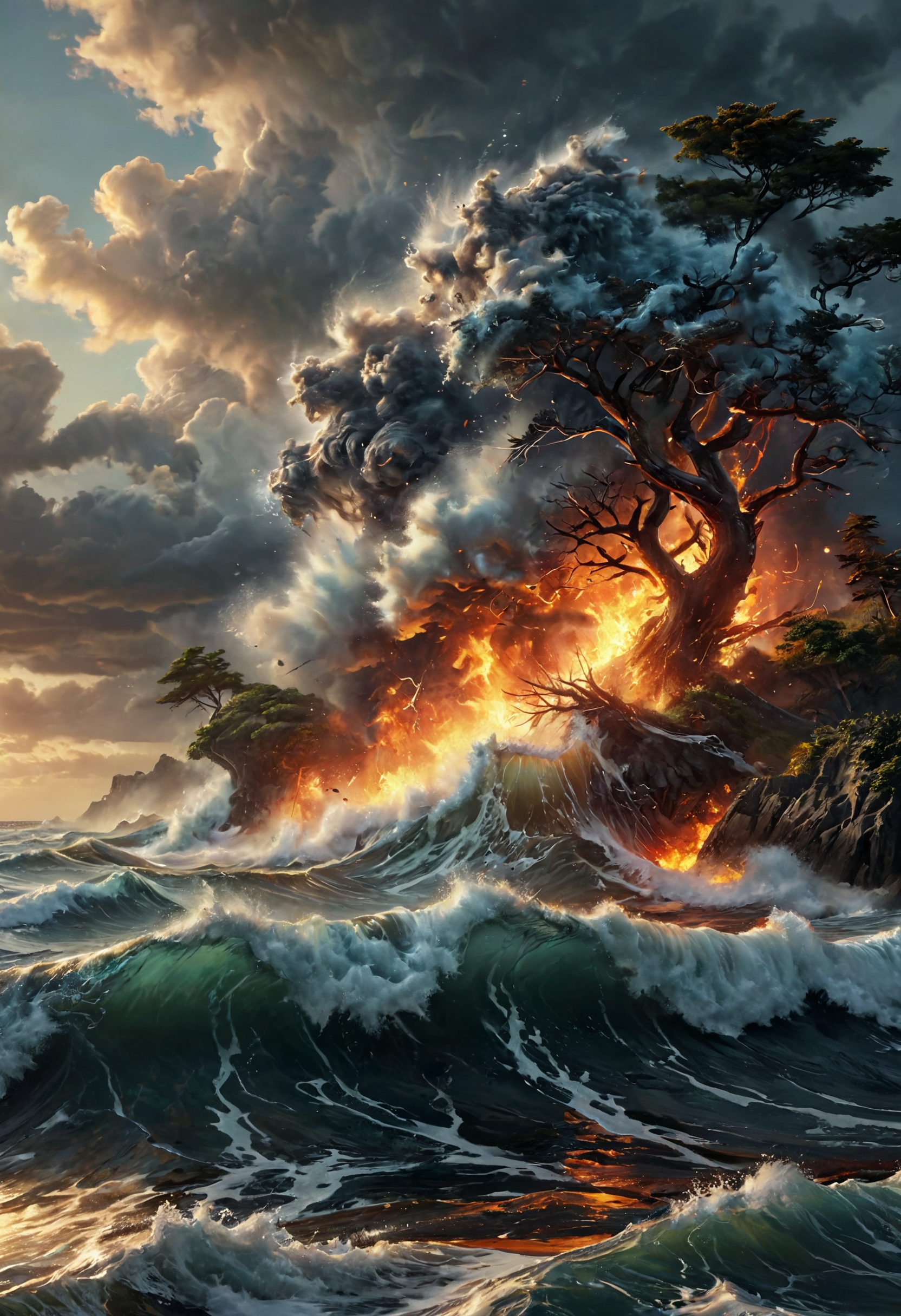 masterpiece, extremely detailed, realistic painting,  Wide range of colors., Dramatic,Dynamic,Cinematic,Sharp details Insane quality. Insane resolution. Insane details. Masterpiece. 32k resolution.
raging ocean, many waves, an island with fire trees emerges from the ocean and rises in the cloudy sky
 <lora:add-detail-xl:1>,
