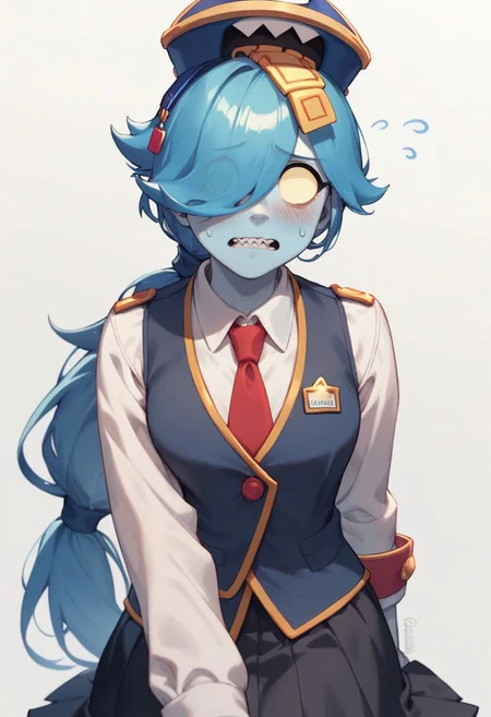 Score_9, Score_8_up, Score_7_up , ccolette , 1girl,blue skin, blue hair, long hair, low ponytail, no pupils, hat, white shirt, Black vest , tie, black skirt , blush , nervous , looking_at_viewer , pointed_teeth ,Hair over eye
