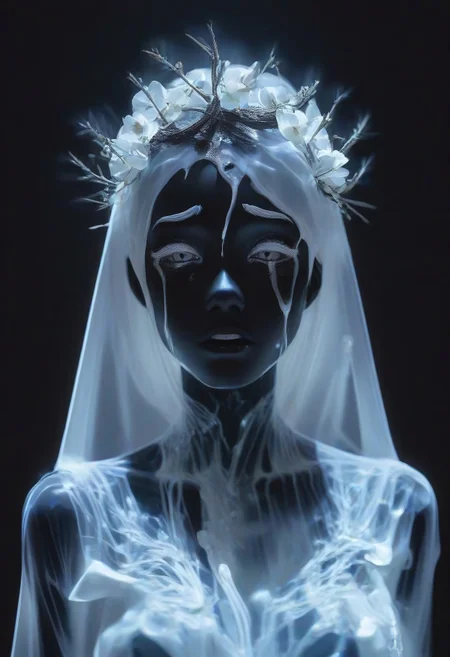 score_9, score_8_up, score_7_up, BREAK, The image is a high-resolution photograph of a person's face, taken in a dramatic, almost surreal style. The subject is a woman with black hair, a fair complexion and striking features. Her body is covered with a black translucent fabric that drapes over her shoulders, creating a ghostly, ethereal effect, which contrasts sharply with the black skin and the black film, white tears, crying, black background