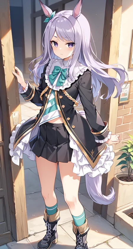score_9,score_8_up,score_7_up,
official art,official style,game cg,megami magazine,
1girl,
mjm race,mejiro mcqueen (umamusume),
animal ears,black jacket,black skirt,blush,bow,ear ribbon,frilled jacket,frilled sleeves,
frills,green bow,green ribbon,horse ears,horse girl,horse tail,jacket,long hair,long sleeves,
purple eyes,purple hair,ribbon,skirt,striped,swept bangs,tail,highres,violet eyes,
bowtie,green bowtie,bangs,black footwear,boots,socks,eyebrows visible through hair,pleated skirt,
ear bow,striped shirt,
standing,
<lora:umamusume_mejiro_mcqueen_pony_v1:1>,