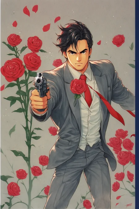Saeba Ryo,1boy,weapon,solo,male focus,gun,traditional media,formal,flower,suit,rose,firing,necktie,handgun,red flower,marker (medium),black hair,holding gun,red rose,score_9,score_8_up,<lora:Tsukasa Hojo_XL_PONY:0.8>,