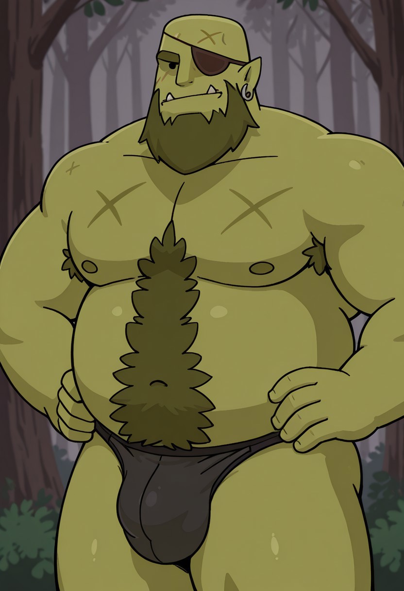 detailed background, detailed background, masterpiece, perfect quality, best quality, detailed, newest, very aesthetic, DaddyOrcRMA, black dot eyes, orc, green skin,  pointy ears, facial hair, bald, bara, solo, beard, pectorals, chubby, fat, plump, 1boy, male focus, chest hair, eyepatch,  dense forest background, looking at viewer, smile, topless male, underwear, bulge, hands on hips
