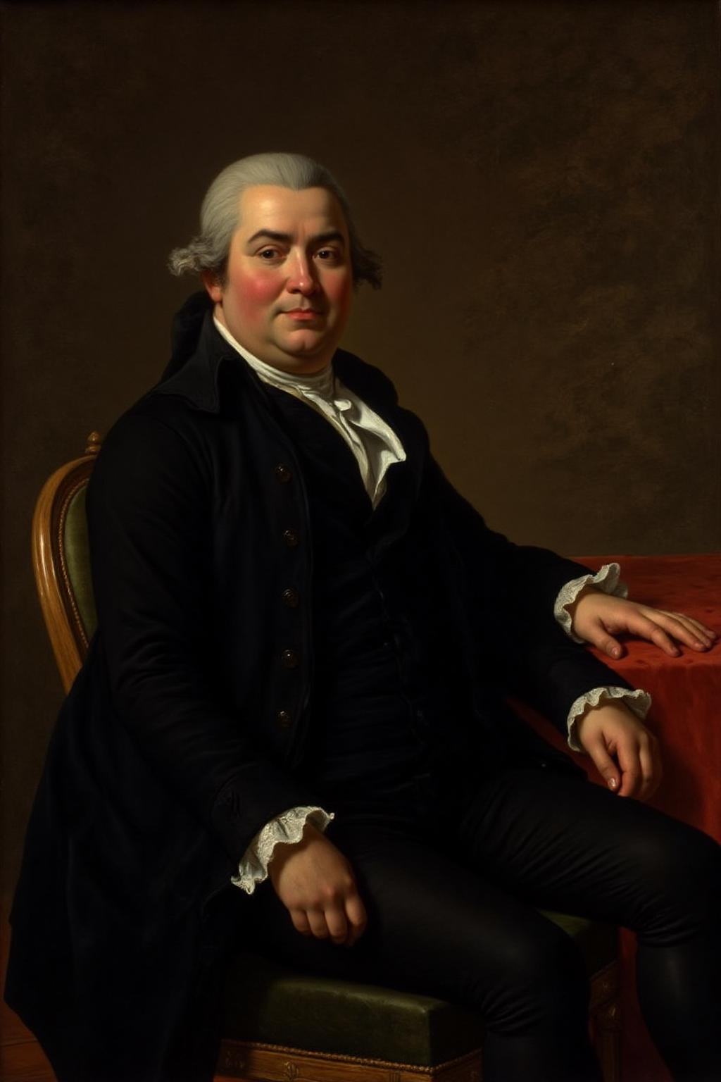 jldavid1 painting.
A man in 18th-century attire. The subject is seated in an ornate chair with a richly patterned, dark green fabric, which is draped over the back and armrest. The man has a round face with a gentle expression, light skin, and a bald head with a few wisps of white hair, styled in a powdered wig. He is dressed in a dark, richly textured black suit with a white cravat tied in a bow at the neck, indicating his status as a gentleman of the period. The suit is adorned with intricate lace at the cuffs of the sleeves, which are rolled up, revealing white undergarments. <lora:jldavid1_cap_d6a3:1.0><lora:815786067010544238:0>