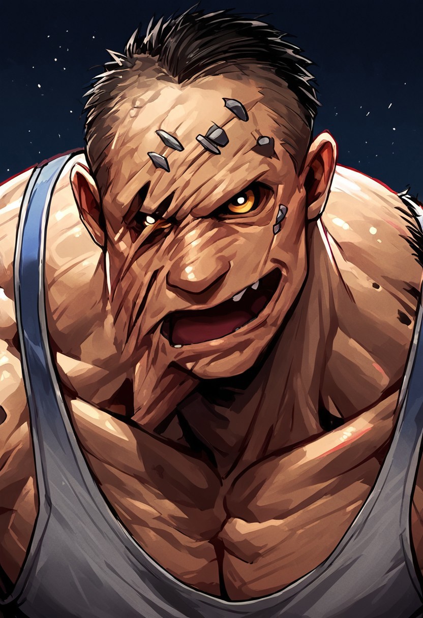 score_9, score_8_up, score_7_up, source_videogame, 1boy, solo, dbd_hillbilly, deformed mouth, portrait, face focus, muscular, huge pecs,