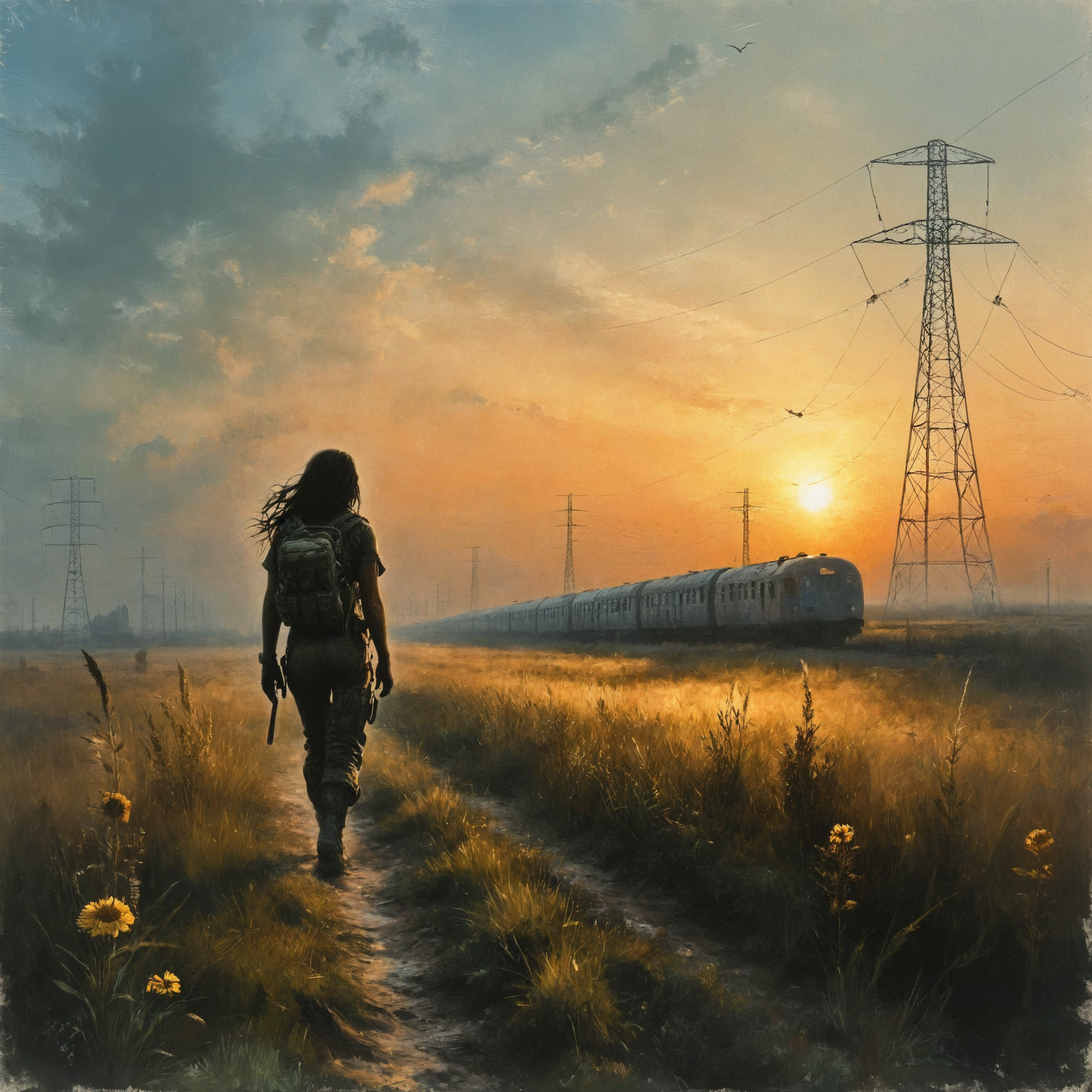 An digital illustration drawing masterpiece with intricate details and the best quality art by, (petrus van schendel) (Hans Larwin) and (dorian cleavenger) with (luis royo),  (chernobyl) exclusion zone, clear sky, sunset, late summer, vast meadow, tall grass, wildflowers,  train station in the distance, high voltage power lines, prypiat silhouette on the horizon,  stalker woman, walking, in motion, wearing, hooded jacket, kevlar vest, tactical pants, tactical gear, military backpack, thigh holster, m17 gas mask, <lora:Kodak Motion Picture Film Style v4:1> <lora:add_detail:0.8>  <lora:aesthetic:0.8>  <lora:LaxpeintXL-2.0:0.5> <lora:extremely_detailed:0.5>  <lora:Desolation:0.3>