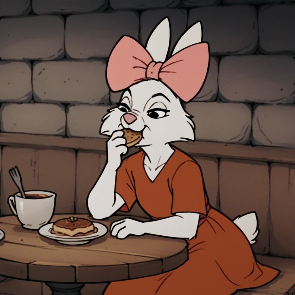 score_9, score_8_up, score_7_up, score_6_up, score_5_up, score_4_up, source_furry, sisrabbitRH, semi-anthro, female, rabbit, white fur, red dress,  pink hair bow, sitting, at a table, eating breakfast
