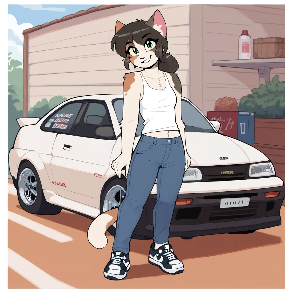 score_9_up, score_8_up, score_7_up, score_6_up, furry female, calliope kyatto, cat, calico cat, female, furry, ponytail, green eyes, dark hair, looking at viewer, tank top, jeans, sneakers, solo, three-quarter view, standing, slim, smile, happy, head tilt, car, sports car, <lora:Leah_Pines(AIM)_XL_v1:0.75>, <lora:PDXL_artist_tags_v2_big:0.8> <lora:The-Minuscule-Task_PDXL_v1.0:0.8> <lora:Calliope_Kyatto_427Deer:0.75>