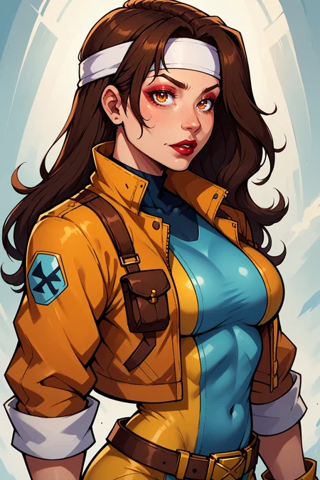 comistylepdxl, 1girl, solo, bodysuit, yellow bodysuit, gloves, brown hair, breasts, belt, jacket, long hair, headband, makeup, lipstick, medium breasts, from side, PnyCmicPosXL, <lora:ComicsV3PDXL:1>