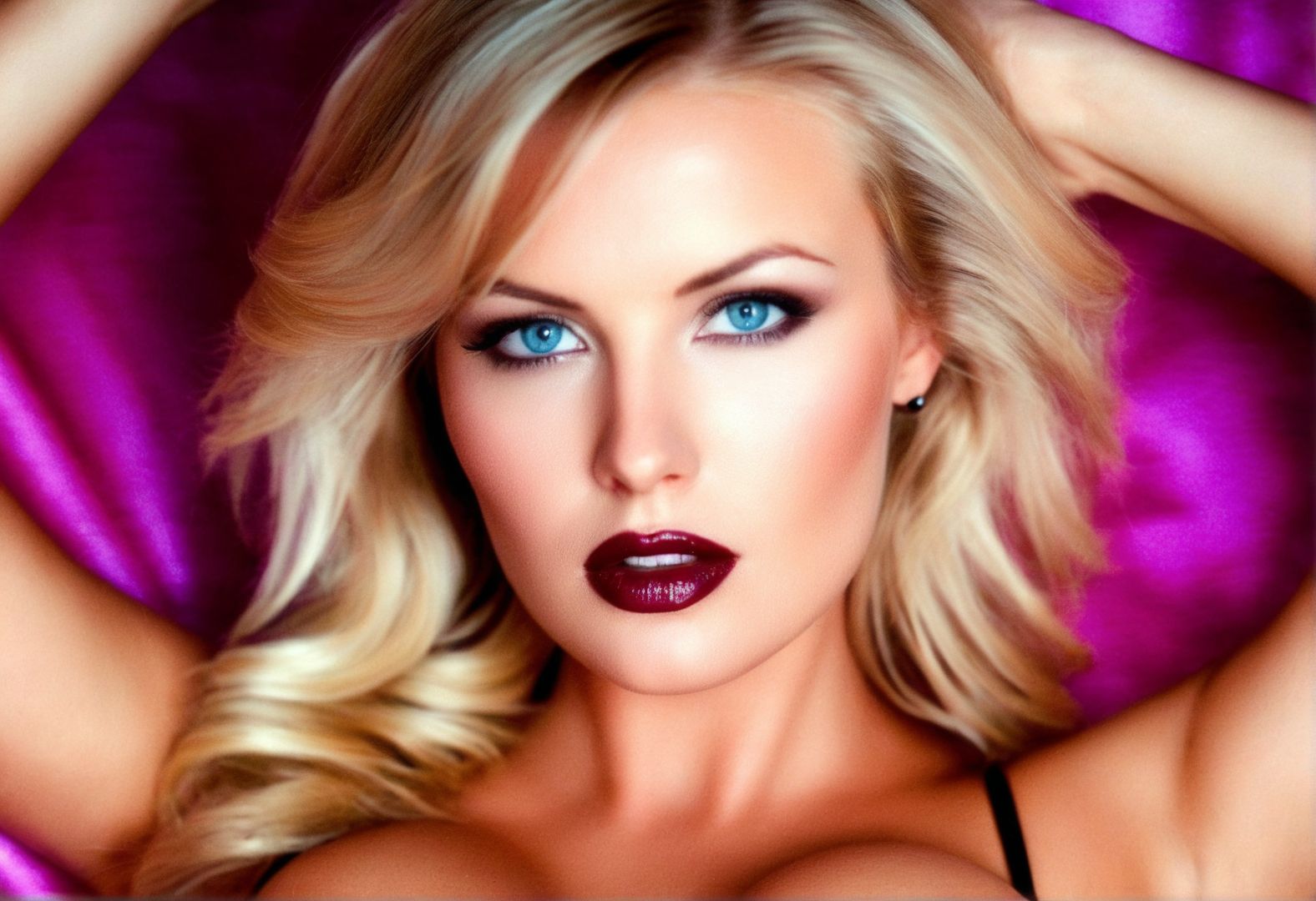 (((cleavage))) ((provocative)) blonde woman analog photo, glossy dark lipstick, blue eyes, lingerie, soft focus, depth of field, film grain, vibrant colors, (looking at viewer), (((masterpiece))) <lora:EuroBabe-v4-XL:0.6>