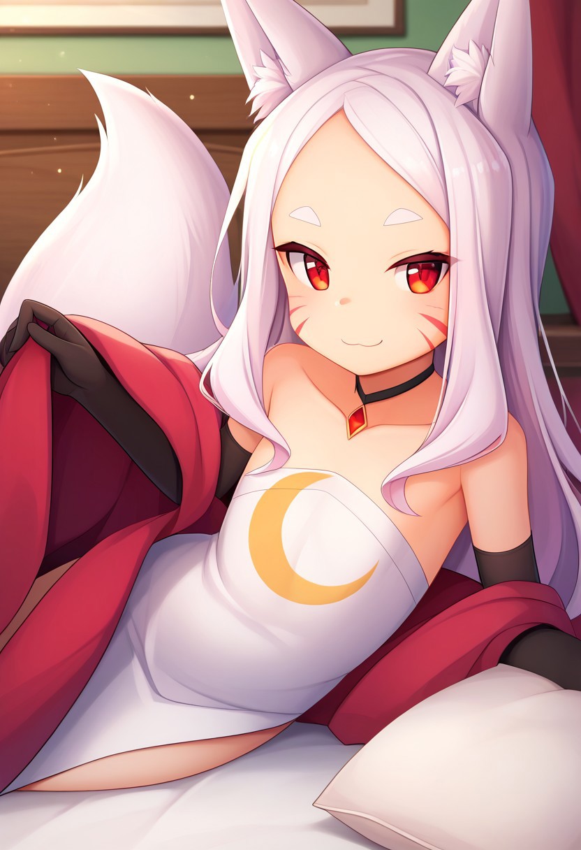 score_9, score_8_up, score_7_up, score_6_up, score_5_up, score_4_up, realistic, 1girl, shiro <lora:shiro_(senko-san)-PD-1.0:1> masterpiece, best quality, amazing quality, ilshiro, white hair, white eyebrows, red eyes, fox ears, fox tail, facial marks, flat chest, white dress, strapless dress, bare shoulders, Small, well-defined breasts crescent print, elbow gloves, black gloves, red shawl, black thighhighs, choker, red jewelry, side slit on both sides, 1girl, solo, standing, beautiful face, bed invitation, on bed, on side, pillow, under covers,,