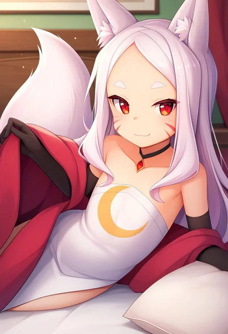 score_9, score_8_up, score_7_up, score_6_up, score_5_up, score_4_up, realistic, 1girl, shiro <lora:shiro_(senko-san)-PD-1.0:1> masterpiece, best quality, amazing quality, ilshiro, white hair, white eyebrows, red eyes, fox ears, fox tail, facial marks, flat chest, white dress, strapless dress, bare shoulders, Small, well-defined breasts crescent print, elbow gloves, black gloves, red shawl, black thighhighs, choker, red jewelry, side slit on both sides, 1girl, solo, standing, beautiful face, bed invitation, on bed, on side, pillow, under covers,,