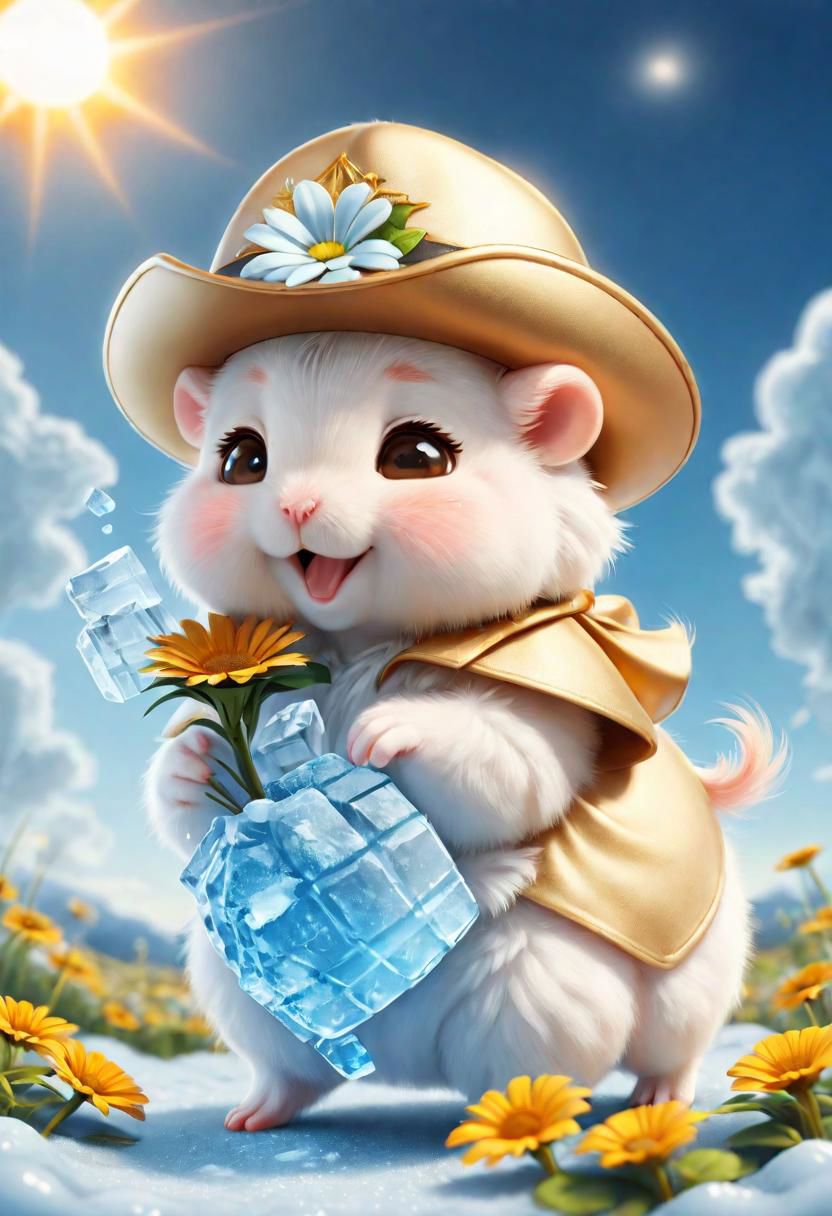 ral-fluff,<lora:ral-fluff:1>,
chibi,masterpiece,best quality,original,official art,silver metallic hamster, hat,flower,blurred background,rendering,beautiful detailed glow,(detailed ice),beautiful detailed sun,sunny, blurred flower, happy