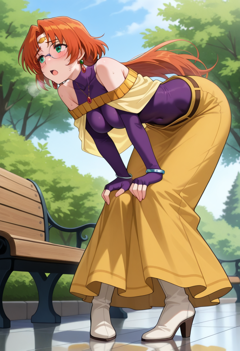 masterpiece, best quality, amazing quality, absurdres, 1girl, solo, ailaww, mature female, green eyes, orange hair, long hair, low ponytail, glasses, rimless eyewear, medium breasts, circlet, yellow capelet, purple turtleneck shirt, sleeveless, covered collarbone, bare shoulders, purple elbow gloves, fingerless gloves, covered navel, yellow long skirt, white boots, high heels, jewelry, earrings, necklace, bracelet, <lora:Aila_Mahou_Senshi_Louie_ill_v12:0.9>, from below, full body, standing, bent over, hands on own knees, pigeon-toed, sweat, sweatdrop, blush, open mouth, heavy breathing, steaming body, outdoors, park, day, reflective floor, park bench, skindentation, detailed clothing folds, depth of field, sharp, high contrast, dynamic light