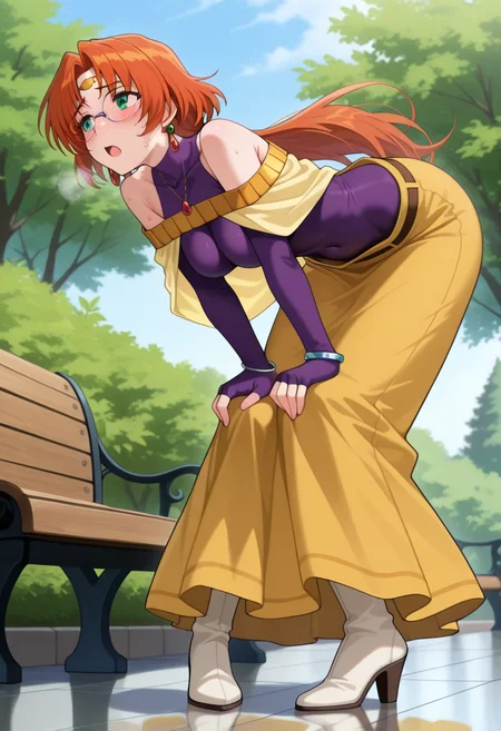 masterpiece, best quality, amazing quality, absurdres, 1girl, solo, ailaww, mature female, green eyes, orange hair, long hair, low ponytail, glasses, rimless eyewear, medium breasts, circlet, yellow capelet, purple turtleneck shirt, sleeveless, covered collarbone, bare shoulders, purple elbow gloves, fingerless gloves, covered navel, yellow long skirt, white boots, high heels, jewelry, earrings, necklace, bracelet, <lora:Aila_Mahou_Senshi_Louie_ill_v12:0.9>, from below, full body, standing, bent over, hands on own knees, pigeon-toed, sweat, sweatdrop, blush, open mouth, heavy breathing, steaming body, outdoors, park, day, reflective floor, park bench, skindentation, detailed clothing folds, depth of field, sharp, high contrast, dynamic light