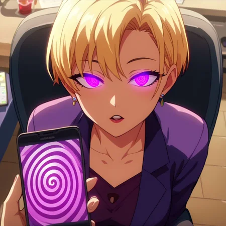 score_9, score_8_up, score_7_up, source_anime, (anime screencap), a woman sitting in an office chair, 1girl, pov, phone, purple eyes, glowing eyes, blonde hair, short hair, cocktail dress, phone, hypnosis