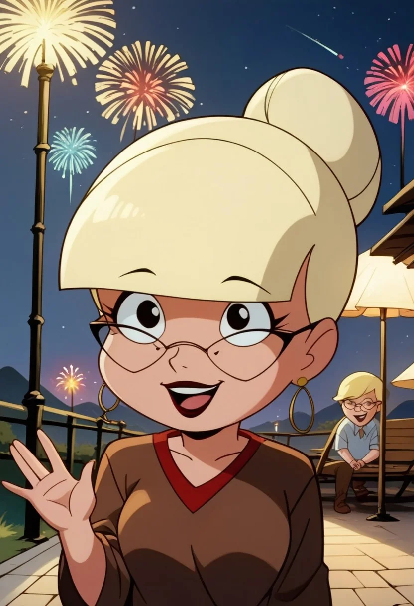 score_9, score_8_up, score_7_up, score_6_up, 1girl, solo,
<lora:Mary Dahl Mature - Doll (Batman the Animated Series - BTAS):1>
Mary_Dahl_Mature, (chibi:0.5), (very short, short), black eyes, glasses, blonde hair, (hair bun, single hair bun), blunt bangs,
earrings, (eyes open), excited,
fireworks, patriotic, (American colors, red, white, blue),
large breast, waving hand, holding flag, clothes,
outdoors, night time, night sky,
<lora:Expressive_H:0.7> Expressiveh,
<lora:add-detail-xl:0.9>
<lora:light:1.0> neolight,