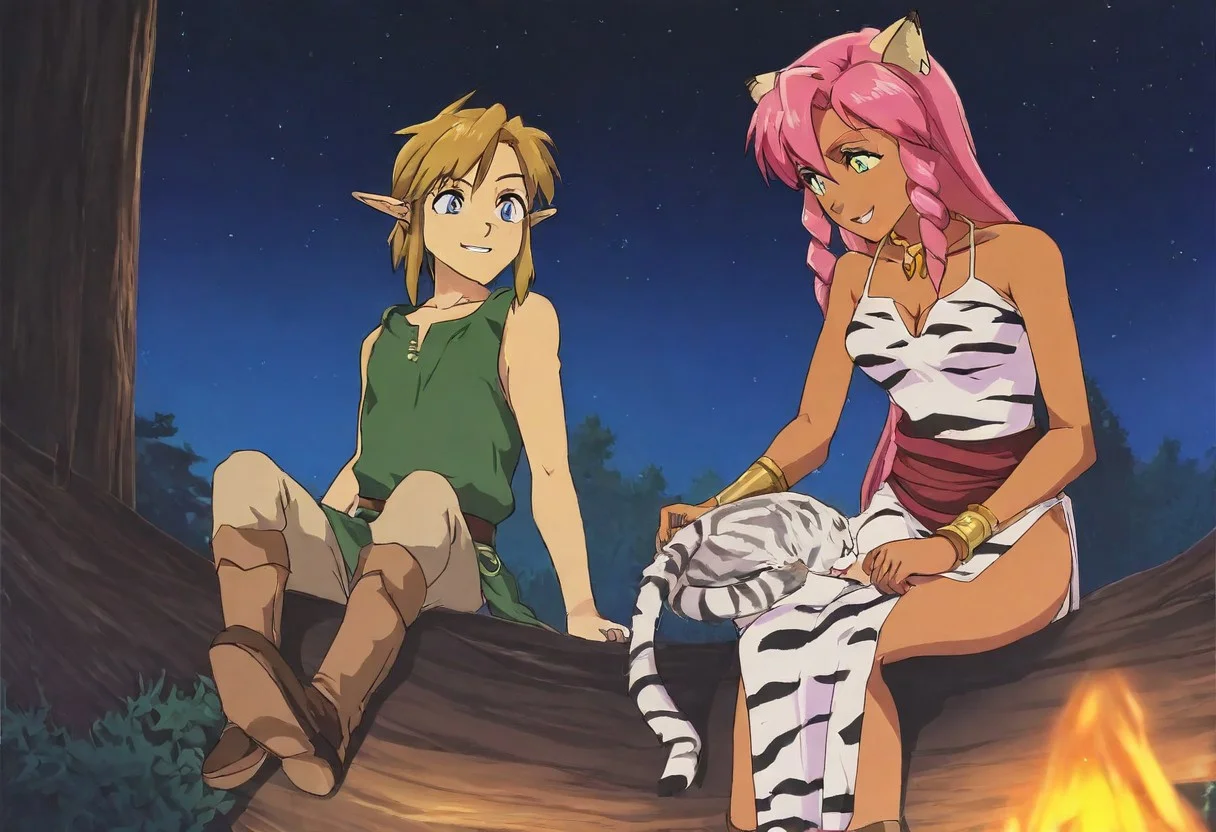 Pink_DragonPink, 1girl, sleeveless dress, white tiger print dress, pelvic curtain, cleavage, white tiger tail, red sash, small breasts, leather shoes, masterpiece, very aesthetic, smiling wide, showing teeth, <lora:pink-illustrious:1>,
Break
1boy,Anime screencap,link (zelda),blonde hair,blue eyes,pointy ears, low ponytail, sidelocks, wearing blue hyilian tunic, happily smiling
Break
Lost woods at night, sitting on tree stumps, forest campsite, night, moon out, stars in sky, campfire, pink and link touching, cuddling, hugging, roasting marshmallows on sticks