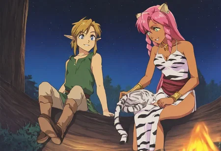Pink_DragonPink, 1girl, sleeveless dress, white tiger print dress, pelvic curtain, cleavage, white tiger tail, red sash, small breasts, leather shoes, masterpiece, very aesthetic, smiling wide, showing teeth, <lora:pink-illustrious:1>,
Break
1boy,Anime screencap,link (zelda),blonde hair,blue eyes,pointy ears, low ponytail, sidelocks, wearing blue hyilian tunic, happily smiling
Break
Lost woods at night, sitting on tree stumps, forest campsite, night, moon out, stars in sky, campfire, pink and link touching, cuddling, hugging, roasting marshmallows on sticks