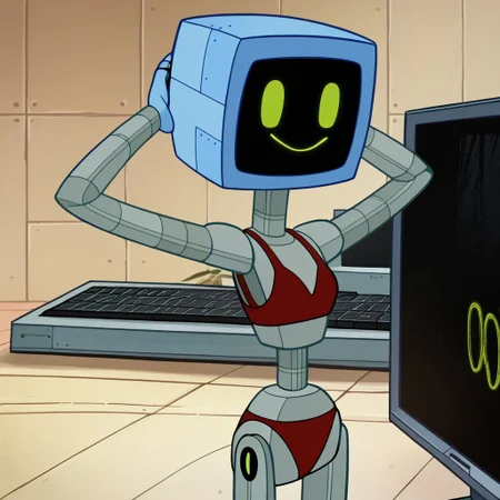 score_9, score_8_up, score_7_up BREAK, KarenSB, 1girl, robot girl, metal body, blue computer head, black screen, blue hands, wheels, red bikini, green led smiley face, hands behind head,