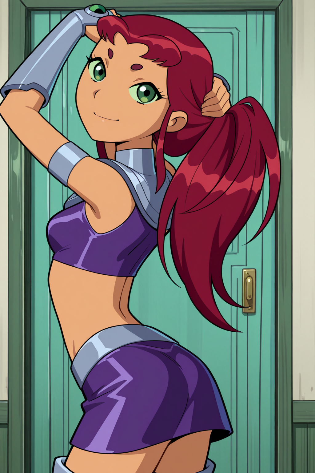 ((parody, animification, official style)), perfect anatomy, perfect eyes, close-up, cowboy shot, from behind) BREAK <lora:StarfireBlackfireILL:1> koriand'r, green eyes, long hair, red hair, orange skin, sultry eyes, kind face, soft smile, (looking back at viewer), gorget, crop top, vambraces, midriff, zettai ryouiki, miniskirt, thigh boots, arched back, hands in hair, flowing hair, arms up, teasing viewer,  sexy pose, showing off body, indoors