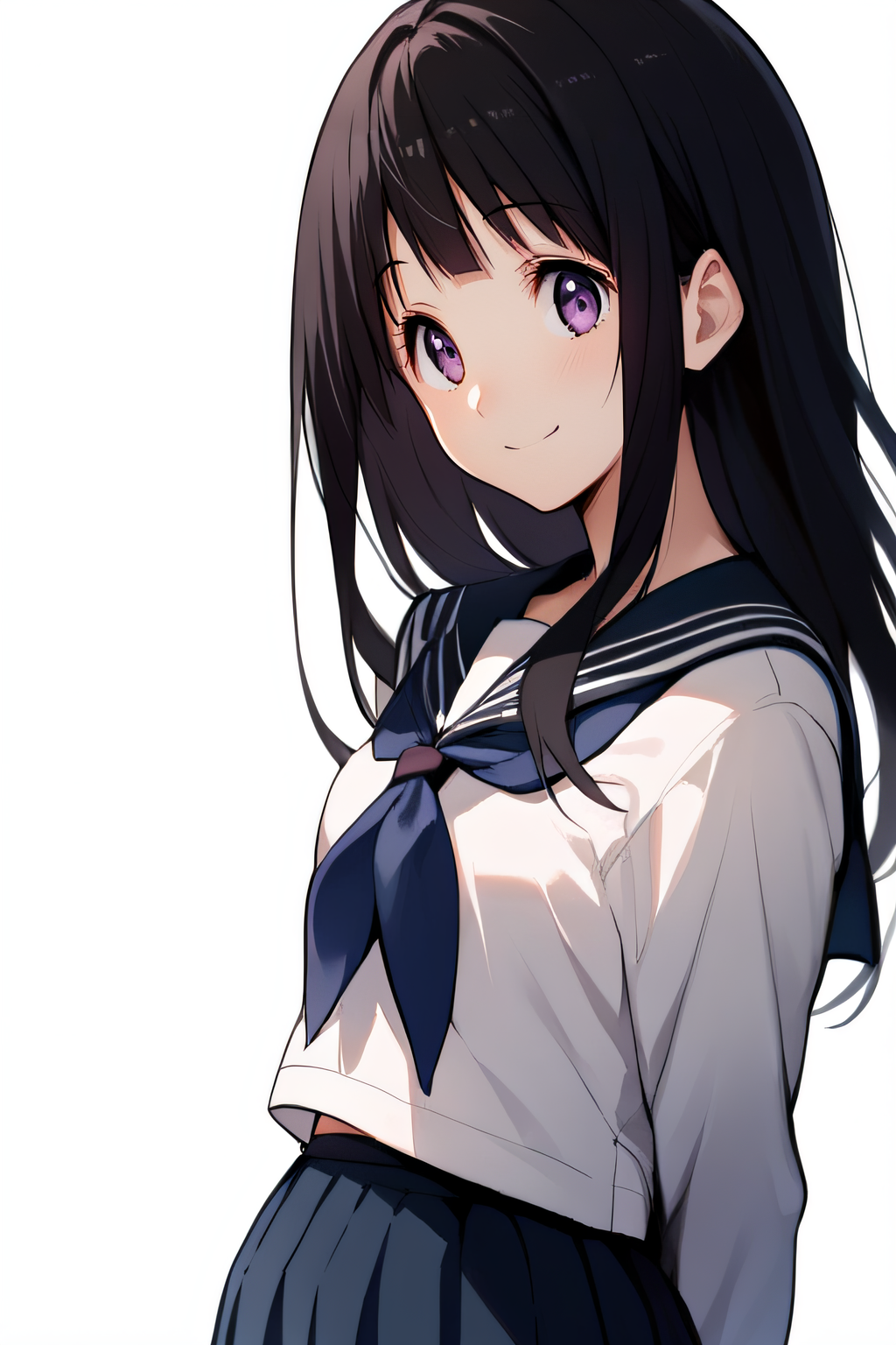 score_9, score_8_up, score_7_up, score_6_up, score_5_up, score_4_up, BREAK source_anime, masterpiece, best quality, ultra quality, <lora:Chitanda_Eru-02:1>, chitanda, black hair, long hair, purple eyes, simple background, frontal view, looking at viewer, blue neckerchief, serafuku, blue neck, kamiyama high school uniform, upper body, standing, smile, long sleeves, arms behind back, frontal view