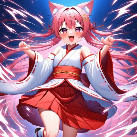 Aomokoka Style,nochekaisershot,
1girl,japanese clothes, hairclip, wide sleeves, ribbon trim, long sleeves, hakama skirt, miko, sleeves past wrists, red hakama, white kimono, tabi, ribbon-trimmed sleeves, pinching sleeves,yuika3,cat ears,Expressiveh,nochekaisershot,pink hair,solo,pink eyes,dyanamic pose,multiple random pose,standing,sitting