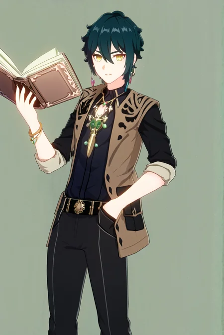 masterpiece, best quality, wral, 1boy, male focus, solo, book, holding, holding book, jewelry, black hair, hand in pocket, simple background, shirt, parted lips, necklace, yellow eyes, hair between eyes, black shirt, green background, pants, black pants, open clothes, jacket, short hair, short sleeves, looking at viewer, bangs, brown jacket, open book, standing, pendant