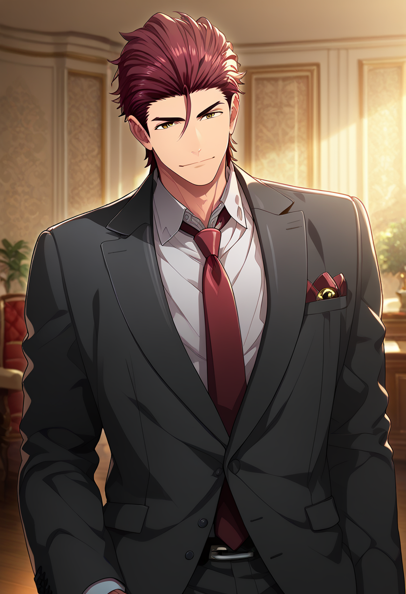 1boy, male focus,
 <lora:Character - Kenka Bancho Otome - Houou Onigashima:1> houou, brown eyes, red hair, hair slicked back, 
((zPDXL)), score_9_up, score_8_up, score_7_up, score_6_up, score_5_up, score_4_up, best quality, amazing quality, best aesthetic, absurdres, year2023, nsfw, game cg, official art, official style, uncensored,
<lora:Style - Ecstasy_Emperess:0.5> emper3ss, looking at viewer,
indoors, luxury ball, 
suit, red necktie, formal, grey collared shirt,