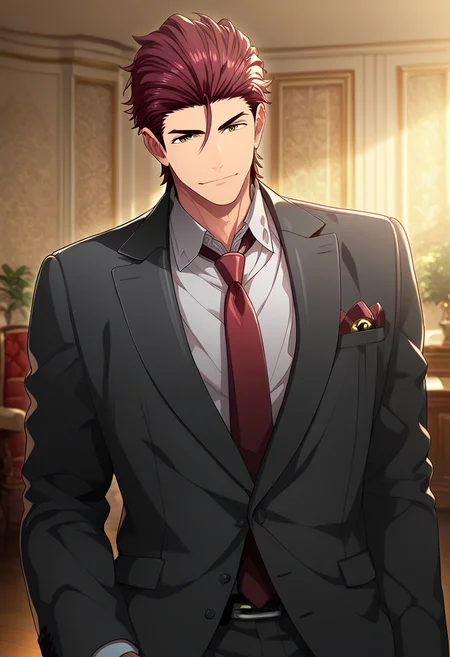 1boy, male focus,
 <lora:Character - Kenka Bancho Otome - Houou Onigashima:1> houou, brown eyes, red hair, hair slicked back, 
((zPDXL)), score_9_up, score_8_up, score_7_up, score_6_up, score_5_up, score_4_up, best quality, amazing quality, best aesthetic, absurdres, year2023, nsfw, game cg, official art, official style, uncensored,
<lora:Style - Ecstasy_Emperess:0.5> emper3ss, looking at viewer,
indoors, luxury ball, 
suit, red necktie, formal, grey collared shirt,