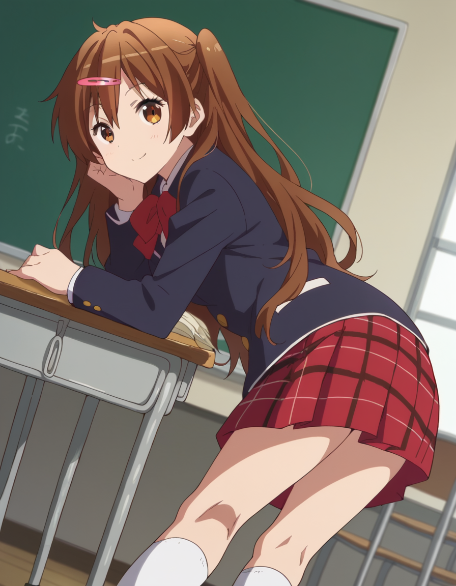 score_9, score_8_up, score_7_up, source_anime,
shinkanibutani, <lora:shinka-nibutani-s2-ponyxl-lora-nochekaiser:1>,
shinka nibutani, long hair, brown hair, hair ornament, brown eyes, hairclip, one side up,
skirt, school uniform, jacket, plaid, kneehighs, plaid skirt, blazer, icho private high school uniform, blue blazer,
indoors, classroom, bent over, smile,
looking at viewer, cowboy shot, dutch angle, solo,