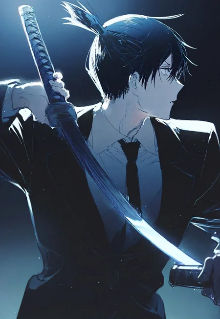 (rella:1.2), chainsaw man, hayakawa aki, 1boy, black hair, black necktie, black suit, business suit, collared shirt, formal clothes, holding, holding weapon, katana, male focus, necktie, shirt, short hair, solo, suit, sword, topknot, weapon, white shirt, light, light particles