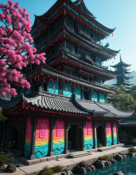 <lora:CWMinis01v2illa:1> cw01mini, hologram tree, colorful, vegetation, chinese, chinese temples, glowing kanji, glow, illuminated, day, neons, too many wires, tubes on walls, low angle shot, photo, mist, persons, blue sky, sunny day, glowing runes, lake,