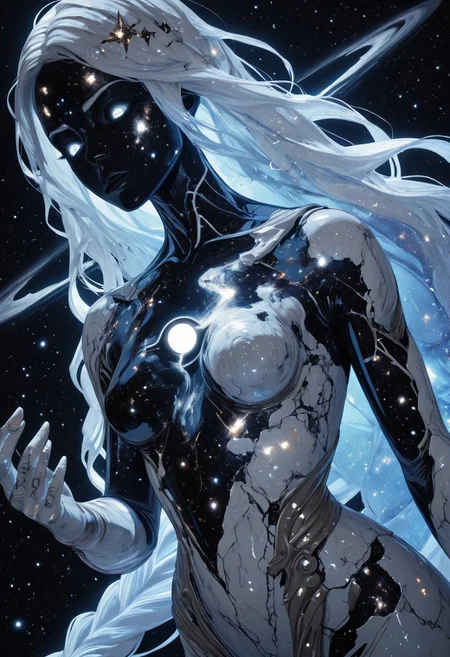 highres, very detailed, amazing quality, masterpiece,
very aesthetic, sp4ce-g0dd3ss
particle effect,
1girl, solo, beautiful eyes, goddess, goddes of constellations, black skin, sparkly skin, glitter on skin, iridescent hair, glowing hair, very long braids, strong face, solo, eyes with galaxies, cosmos eyes, Covered in Tattoos, geometric tattoos, white tattoos, small breasts, curvy, grey robe with pearlescent trim,
BREAK,
greek theme, goddess theme, universe theme,
looking at hand, extends hand, (black hole in hand, miniature black hole in hand), tough pose, foreshortening, dutch angle,
loving, content, tender,
in cosmos, universe, endless stars around her, galaxies, comets, nebulae