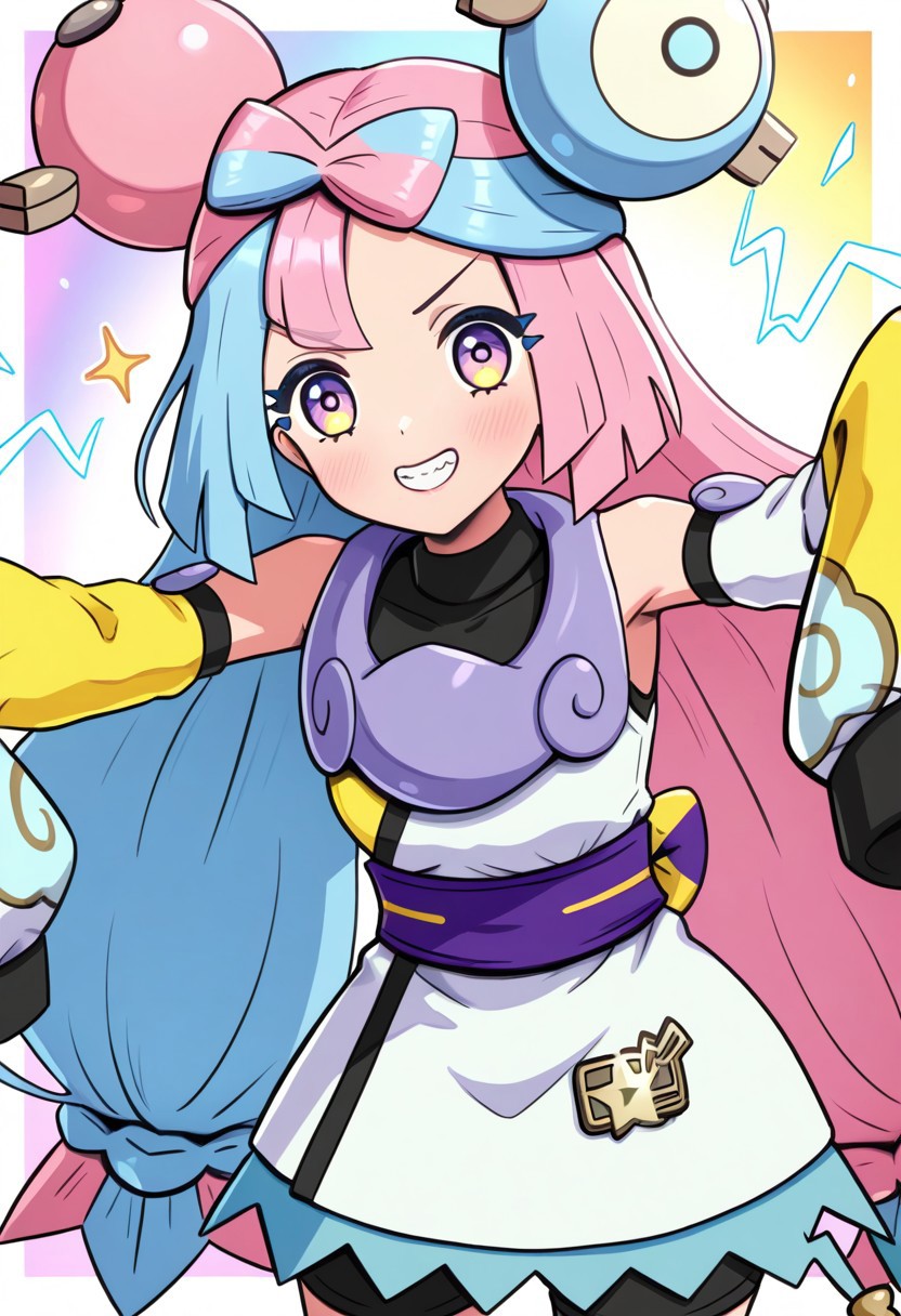 hinosaki, [[pokemoa, gonzarez]], 2d, masterpiece, best quality, amazing quality, 1girl, solo, close-up, standing, smile, upper body, leaning_forward, looking at viewer, multicolored background, sparkle, rainbow background, colorful background, electricity, sparks, sygiono, def colors, purple hair, blue hair, purple eyes, bow-shaped hair, low-tied long hair, character hair ornament, black shirt, sleeveless dress, two-tone dress, white dress, yellow dress, detached sleeves, yellow sleeves, white sleeves, purple collar, bare shoulders, sleeves past fingers, oversized clothes, purple sash, black shorts