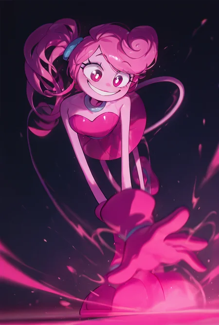 <lora:mmylnglgs-10:1> mmylnglgs, pink hair, 1girl, big smile, , pink skin, pink gloves, side ponytail, long limbs, round head, dynamic pose,   <lora:WSSKX_WAI:1>, masterpiece, best quality, amazing quality, very aesthetic, absurdres, newest,